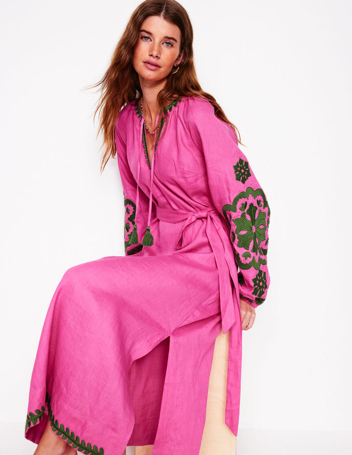 Besticktes Leinenkleid mit Quasten-Sorbet-Rosa