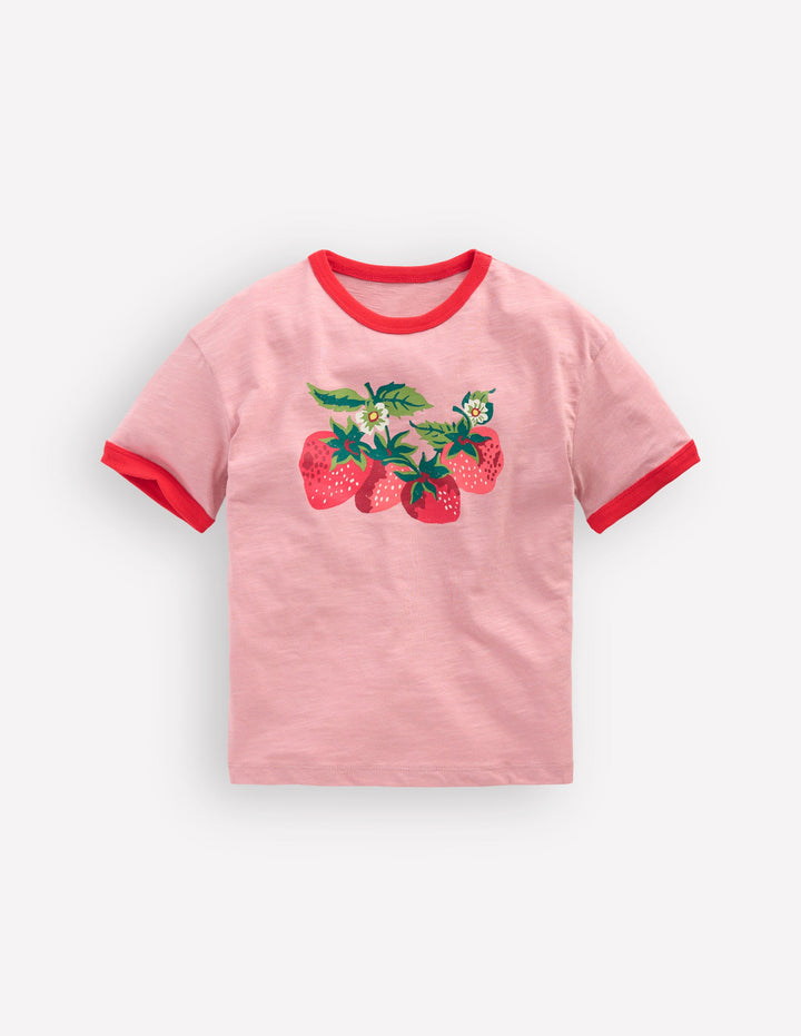 Bedrucktes Ringer-T-Shirt-Vintage-Rosa Erdbeeren