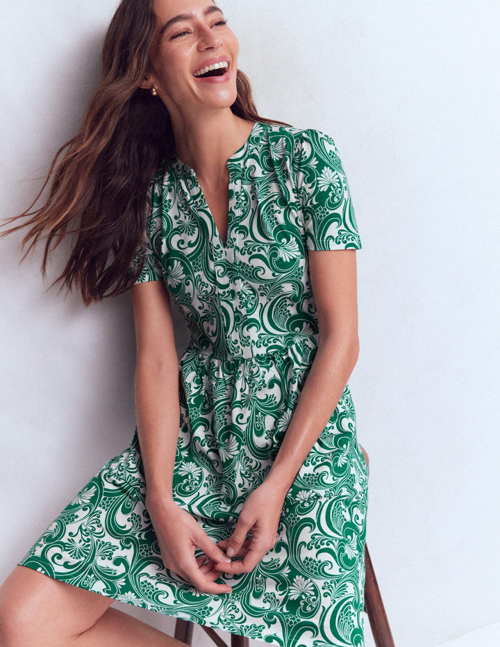 Naomi Kurzärmliges Kleid-Juwelengrün, Laubwirbel
