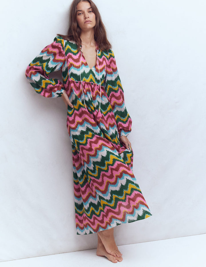 Boho-Kaftan mit Bindeband am Ausschnitt-Bunt, Zickzack-Welle