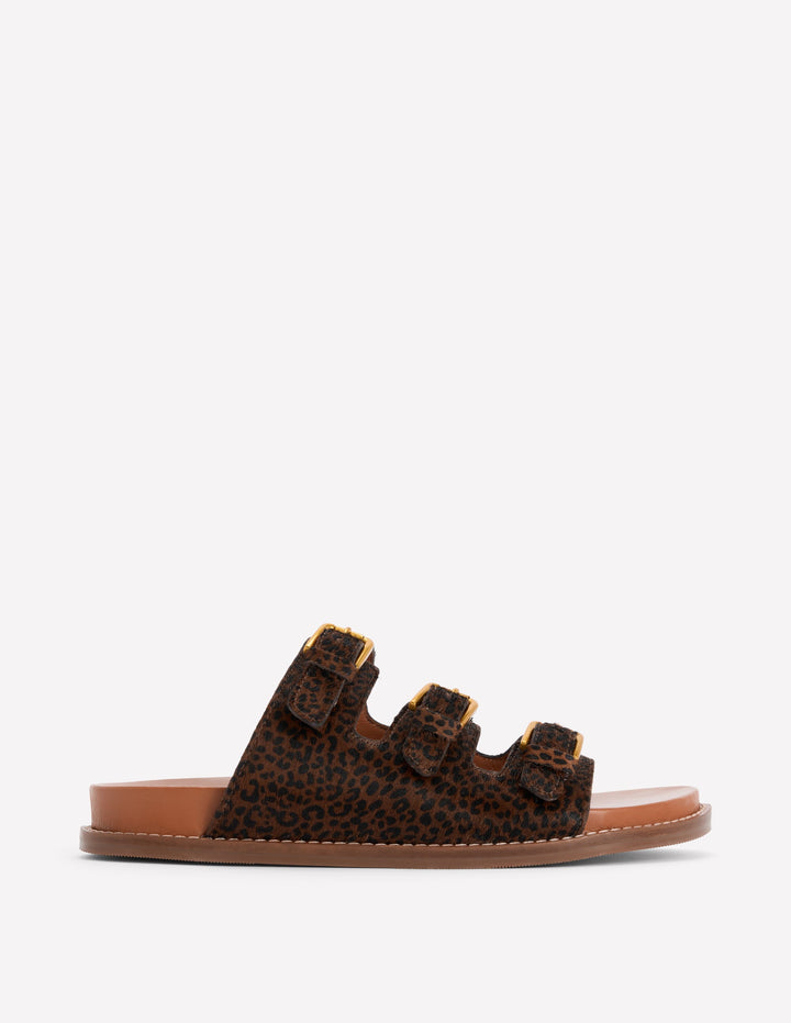 Sandalen mit drei Riemen und Fußbett-Mohair, Leopardenmuster