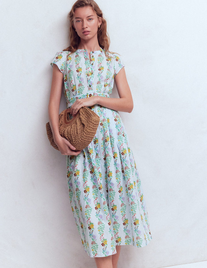 Arabella Kleid aus Leinenmischgewebe-Heidekraut, Blüten Kaskadenartig