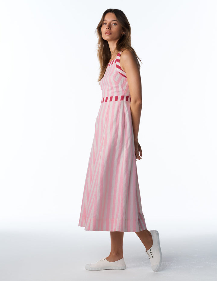 Kleid aus Leinenmischmischgewebe mit überkreuzten Rückenträgern-Orchideenrosa Streifen