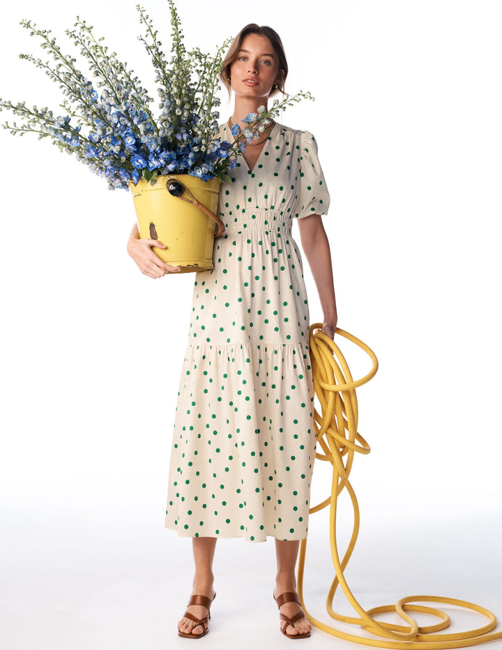 Irene Baumwollkleid mit Puffärmeln-Naturweiß Grün Punkte