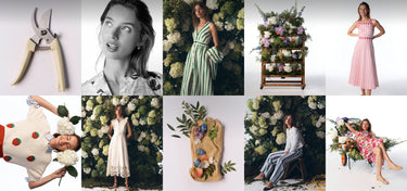 Eine Collage aus Bildern, die Frauen in verschiedenen Outfits mit Blumenarrangements zeigt.